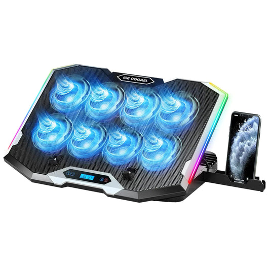 Gaming Laptop Cooling Pad 15-17.3" - 8 Fans RGB Cooler with 6 Height Adjustable & Phone Stand